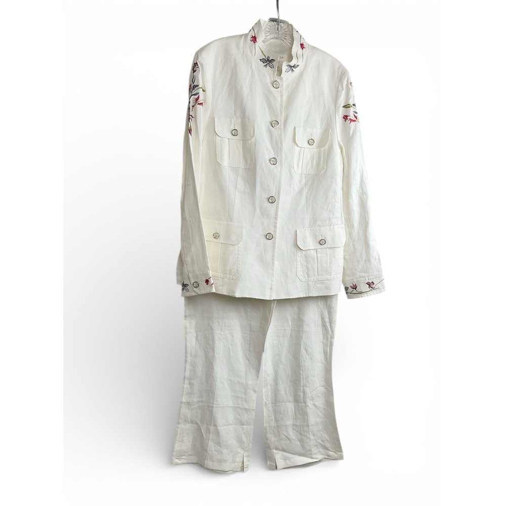 ESCADA 2PC Linen Set Long Safari Jacket + Pants Ivory White Embroidered EU 42 -L - Picture 14 of 16